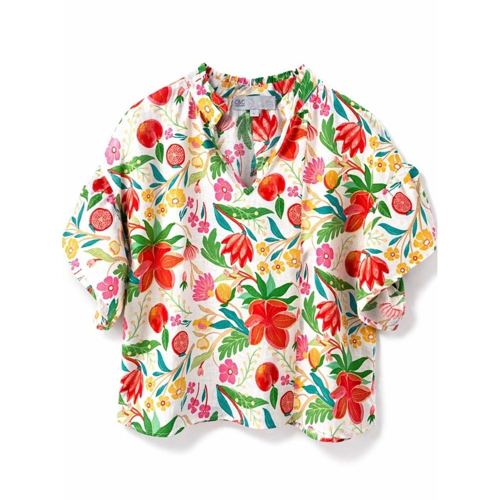 C&C California Floral Fruit Print Blouse Size L Boho Peasant Top Lightweight - Picture 2 of 8
